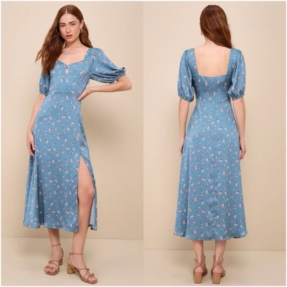 Lulus Dresses & Skirts - LULU’S Gorgeous Days Blue Floral Satin Puff Sleeve Midi Dress
